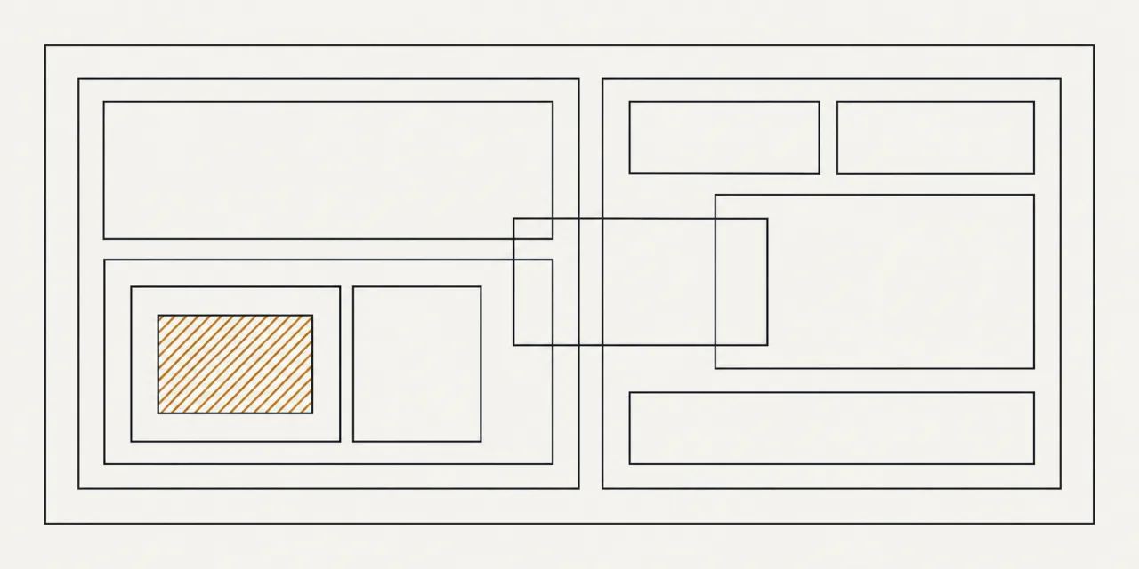 Rectangles imbriqués au trait, un seul petit rectangle intérieur rempli de hachures ambre parmi tous les autres restés vides
