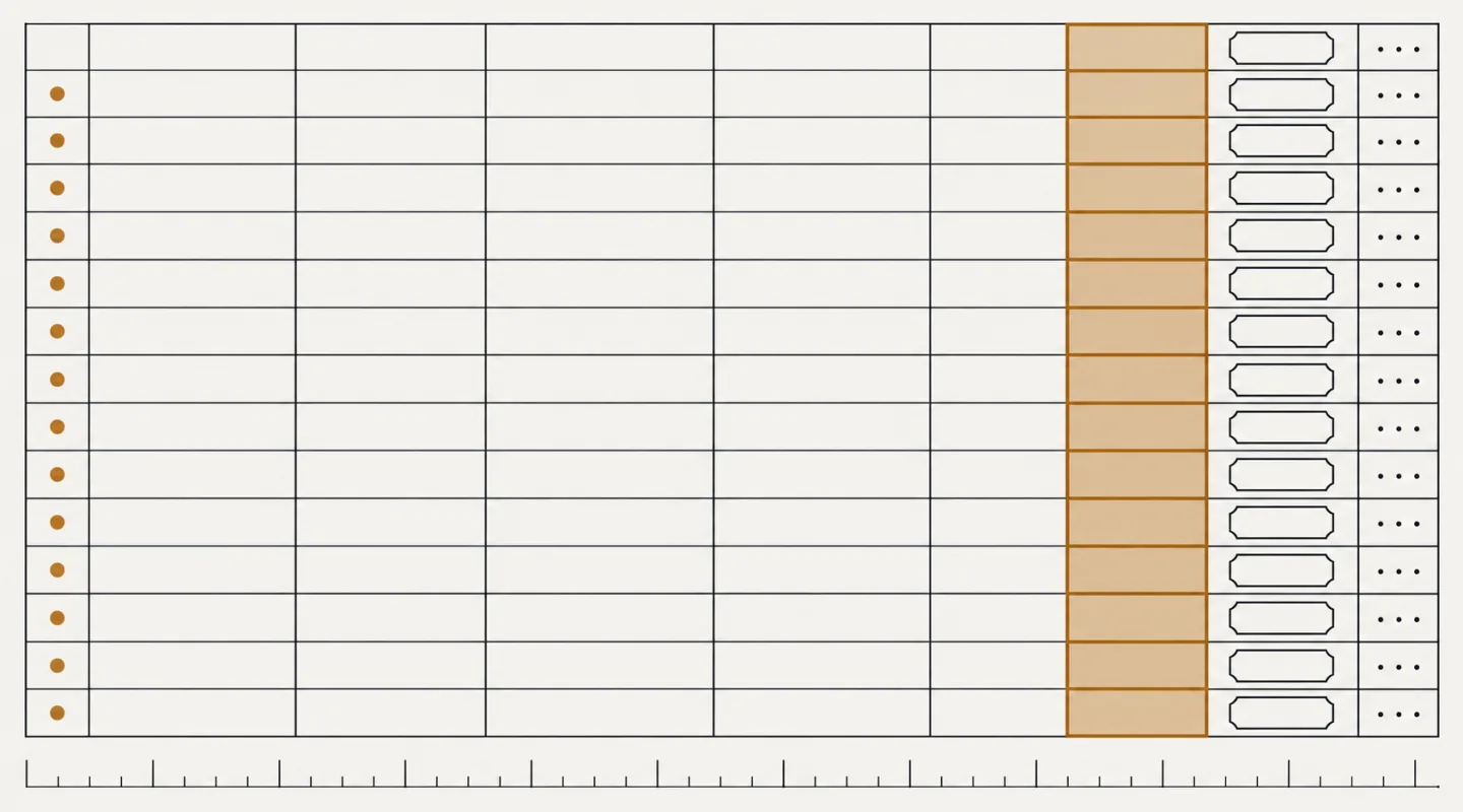 Tableau de relevé aux cellules vides, une colonne surlignée en ambre, chaque ligne marquée d’une pastille de source, sous une réglette graduée