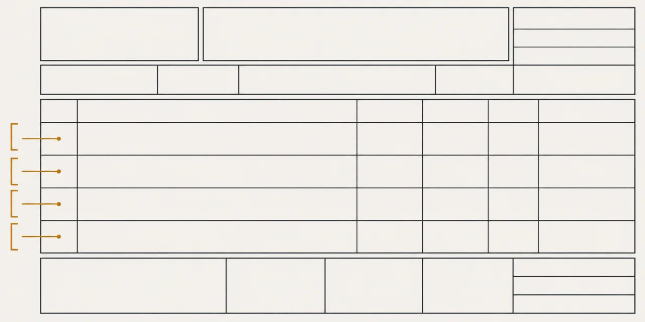 Feuille de devis schématique aux cases vides, quatre lignes du tableau repérées en marge par des crochets ambre reliés à chacune