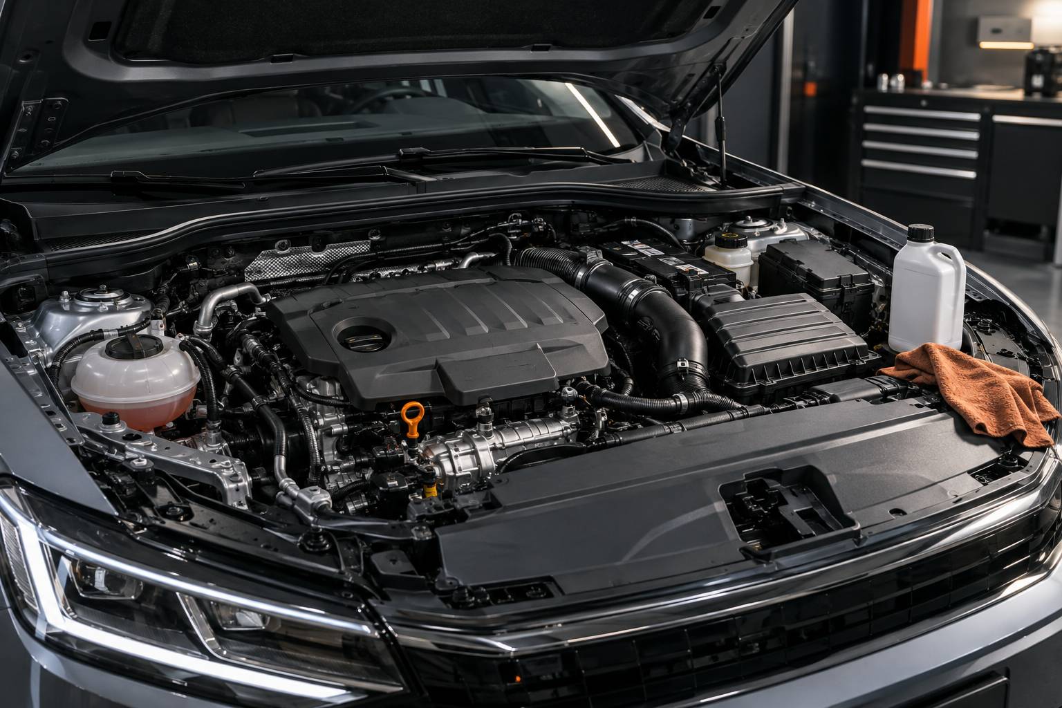 Compartiment moteur d'une voiture générique avec câblage et pièces d'entretien