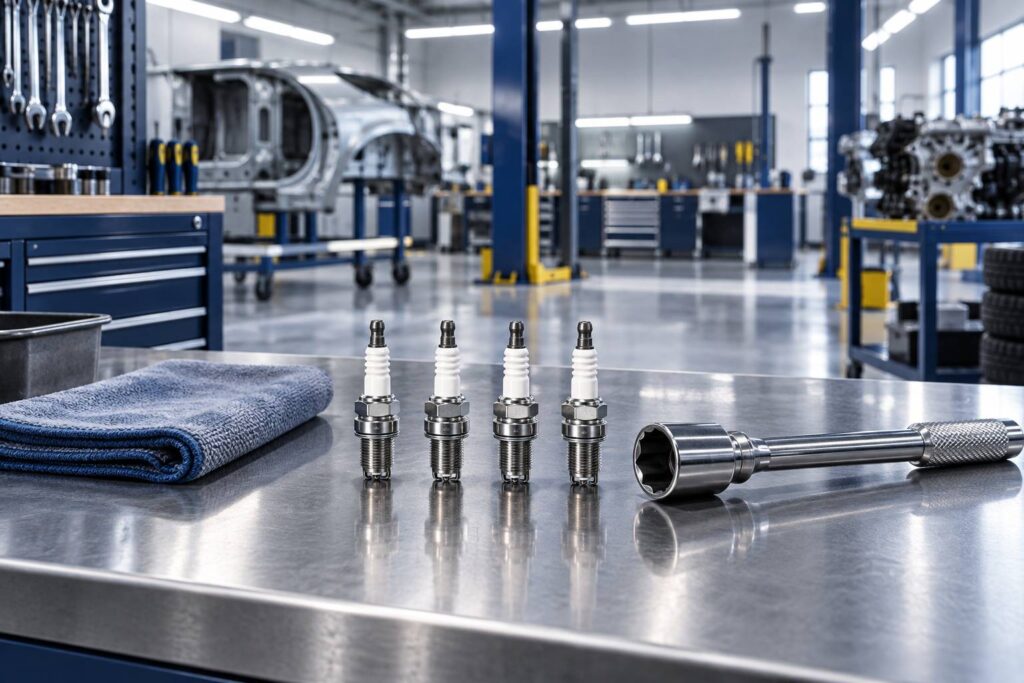 Bougies d'allumage neuves alignees sur un etabli d'atelier automobile