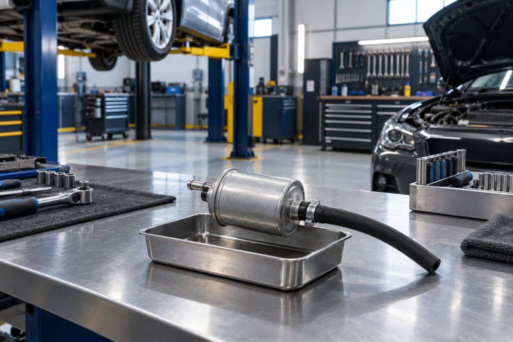 Filtre a carburant generique et sa durite poses sur un etabli d'atelier automobile