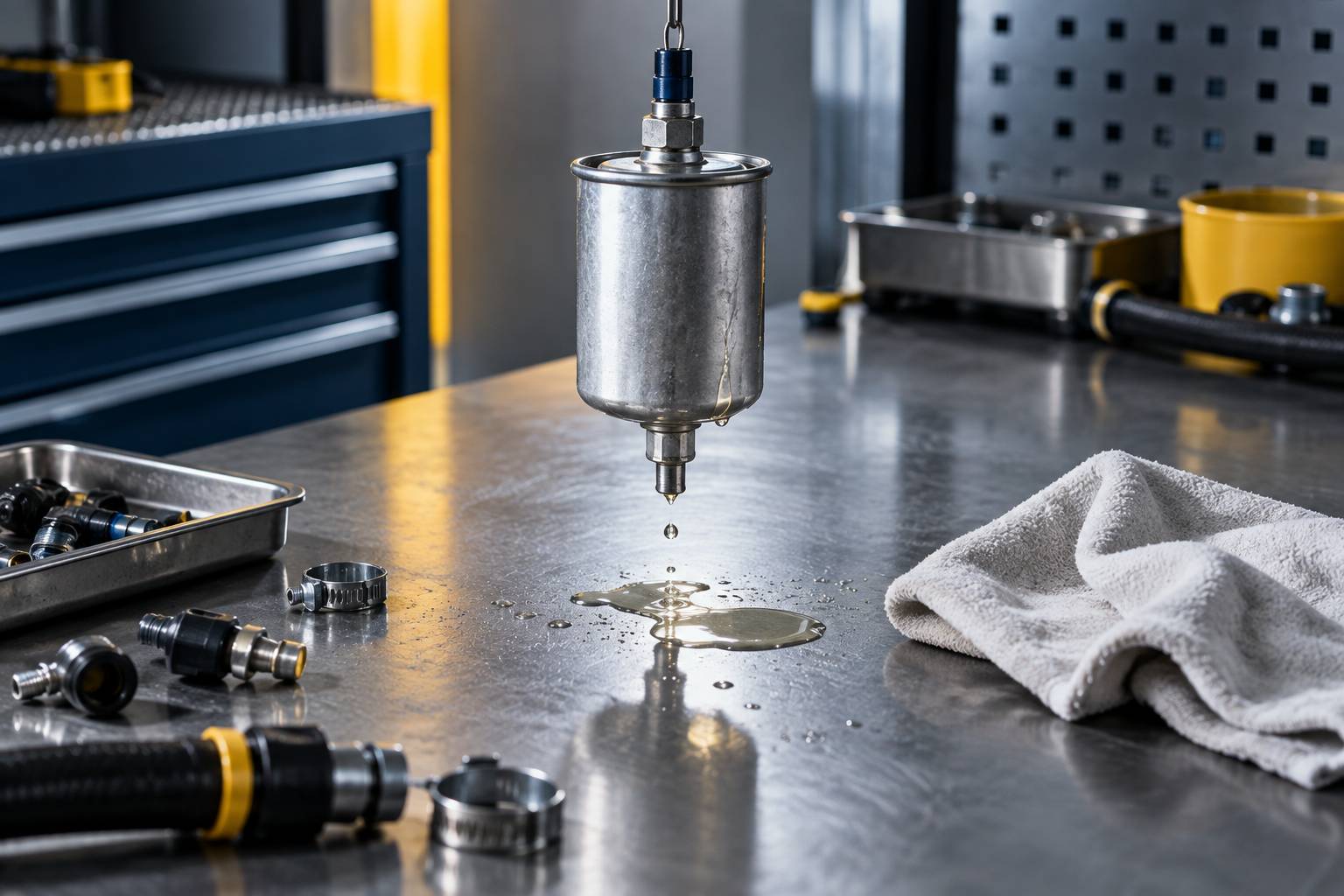 Filtre a carburant generique tenu au-dessus d'un etabli d'atelier
