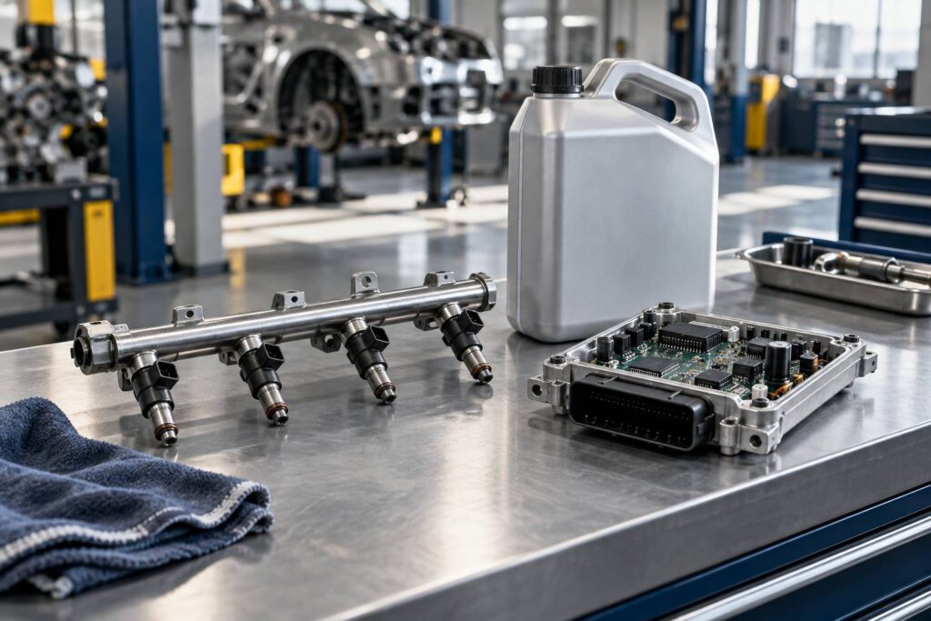 Rampe d'injecteurs essence posee sur un etabli d'atelier automobile