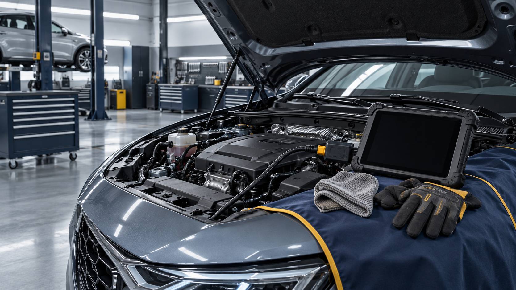 Poste de diagnostic avec valise a ecran eteint sur l'aile