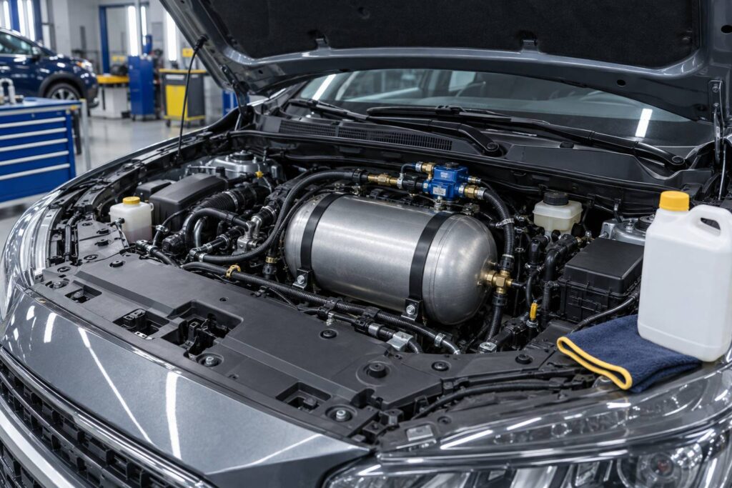 Compartiment moteur ouvert avec reservoir de gaz et durites visibles