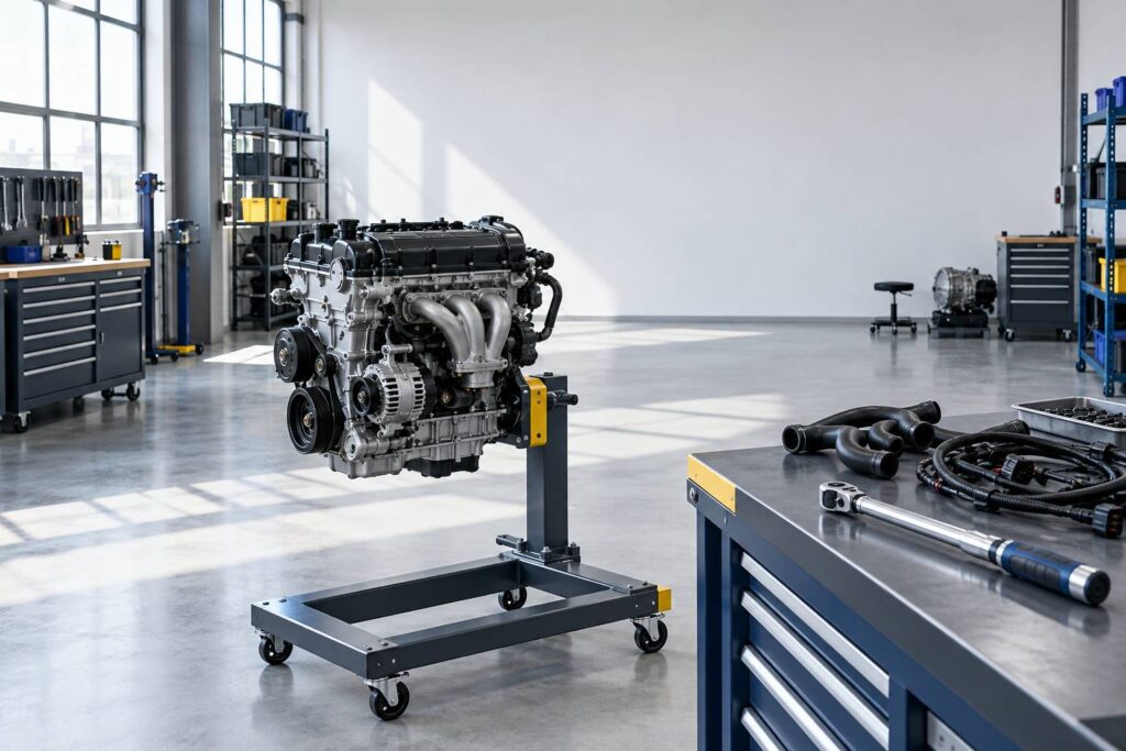 Moteur quatre cylindres posé sur un support dans un atelier automobile lumineux