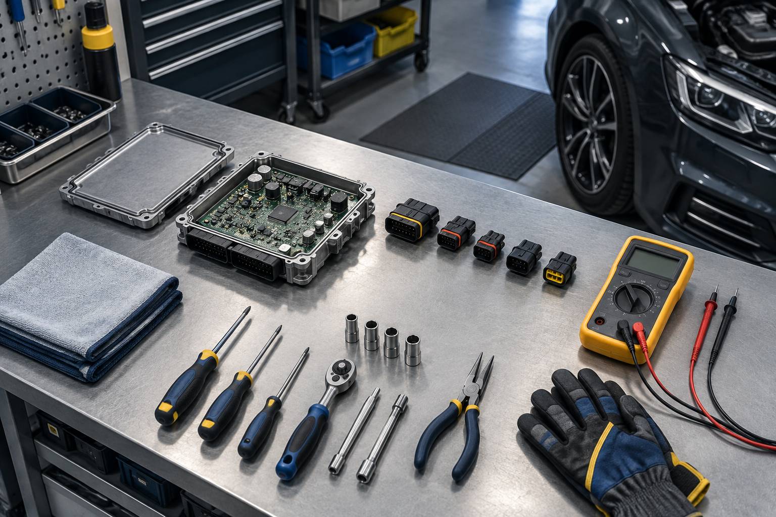 Boîtier électronique ouvert et connecteurs alignés sur un établi d'atelier