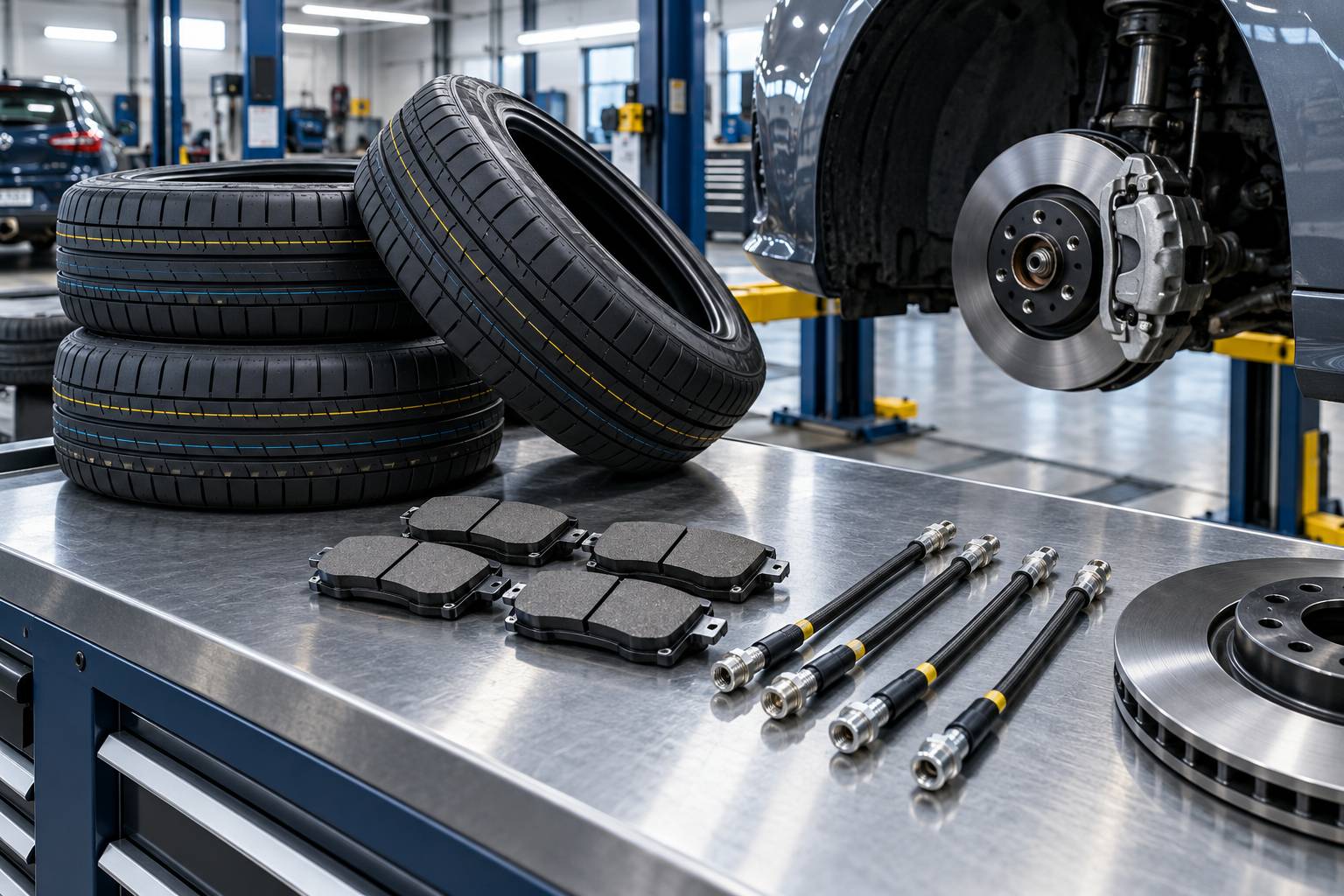 Pneus, plaquettes de frein et flexibles alignes sur un etabli de garage