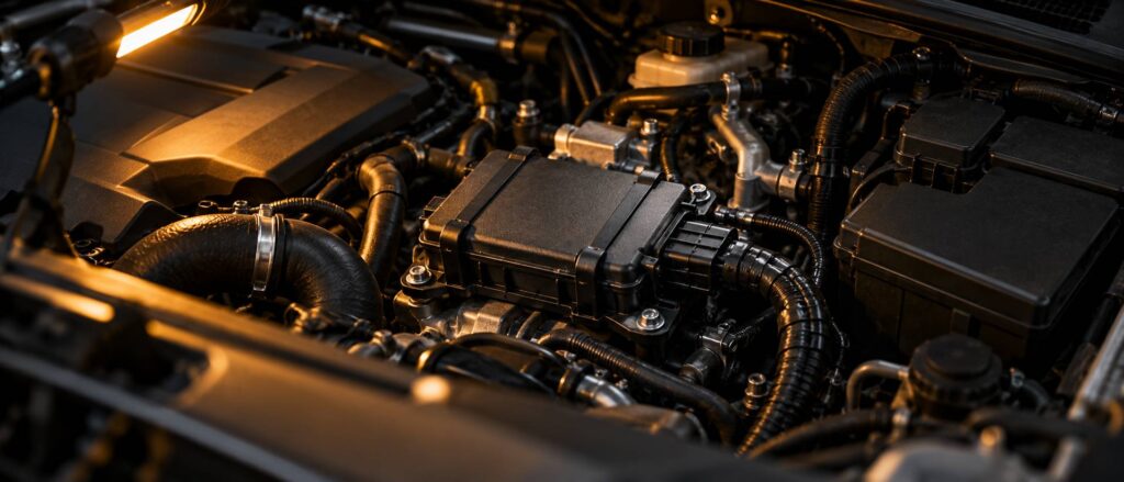 Boîtier électronique générique dans un compartiment moteur avec faisceau et connecteur