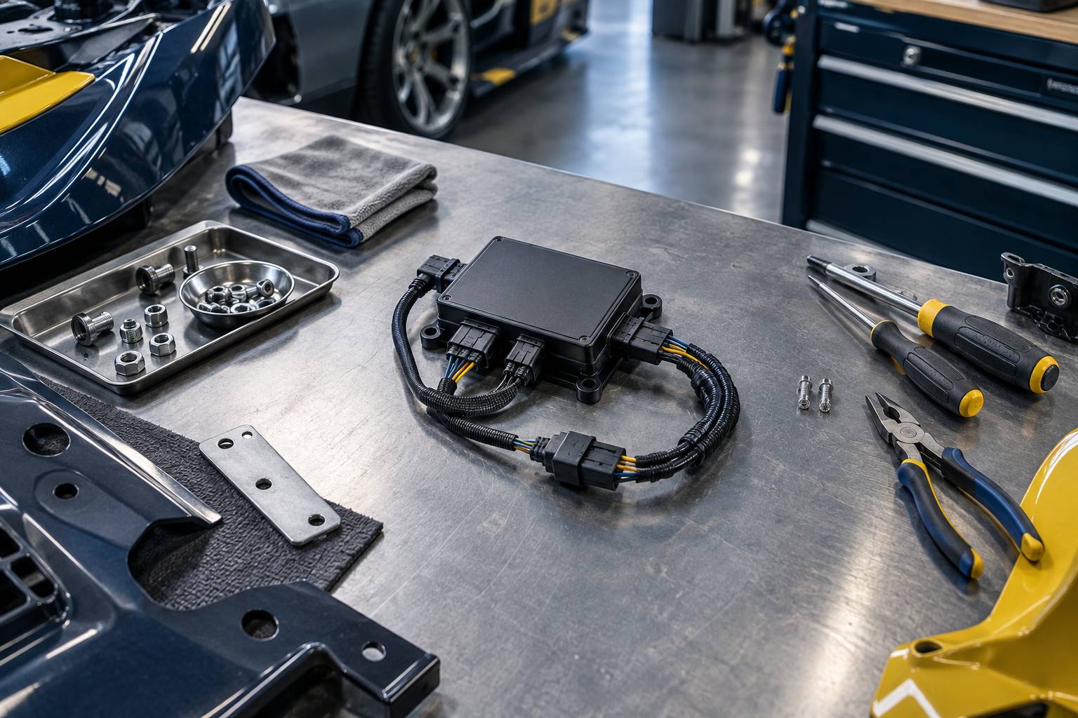 Boitier electronique automobile neutre et faisceau de cables sur un etabli