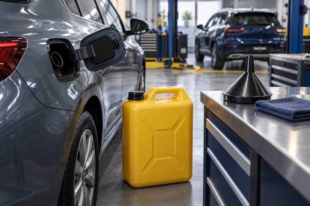Jerrican de carburant près d'un réservoir ouvert dans un atelier automobile