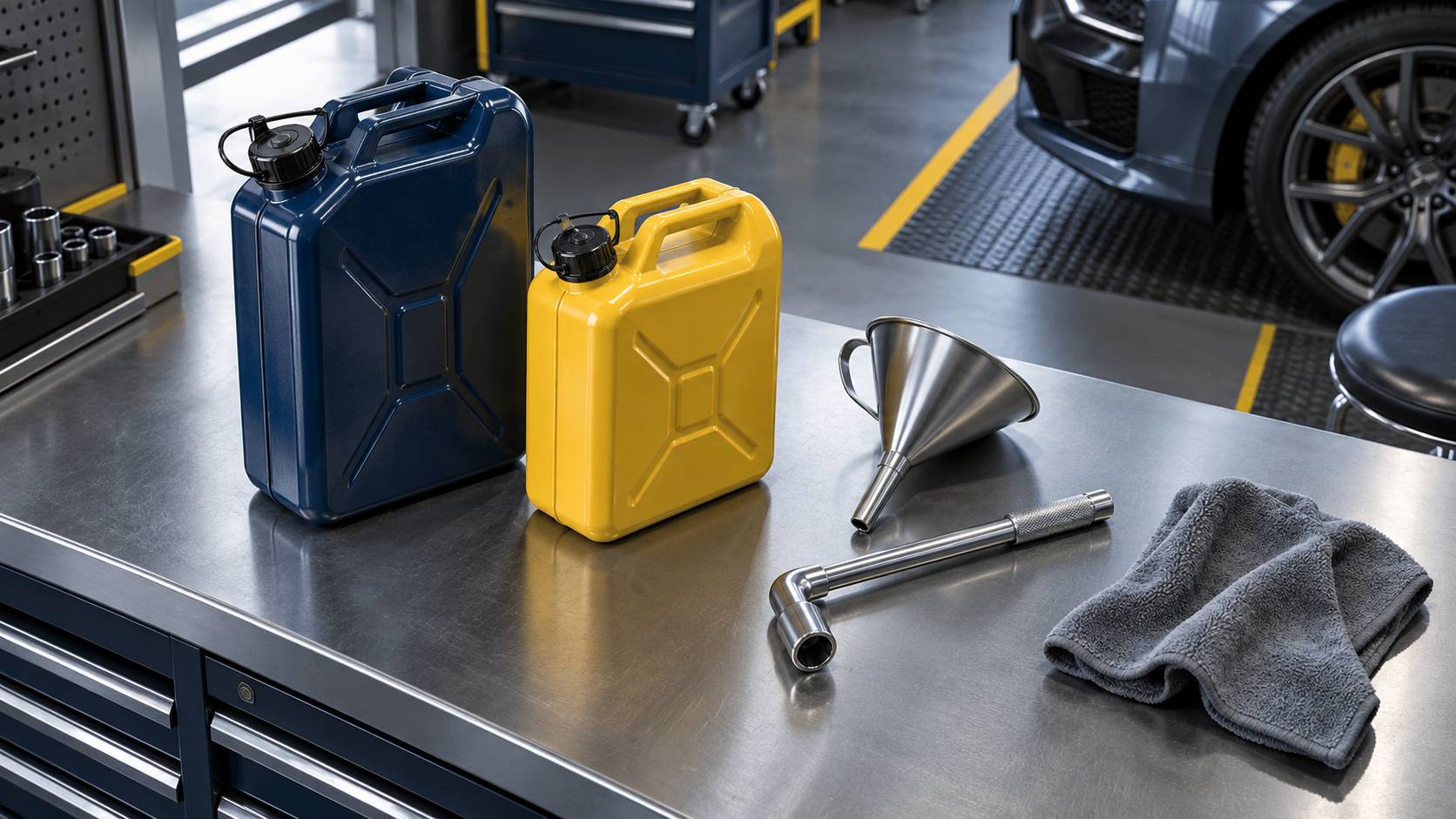 Bidons de carburant, entonnoir et clé sur un établi de garage