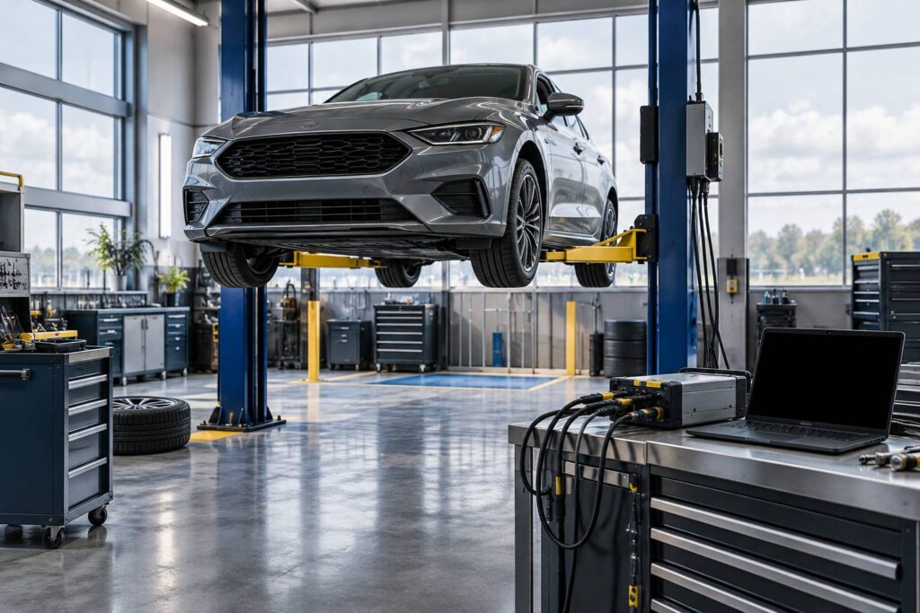 Atelier automobile avec voiture neutre sur pont et boitier electronique branche