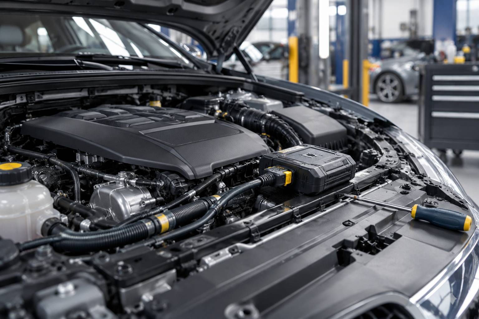 Boitier electronique generique branche sous le capot d'une voiture neutre