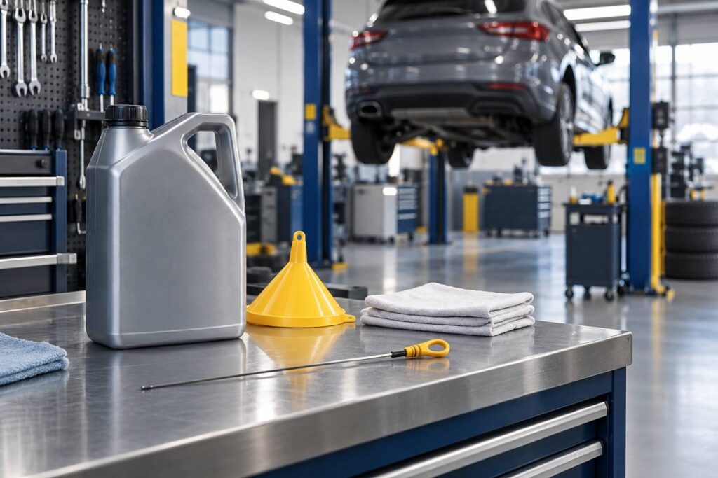 Atelier automobile propre avec bidon d'huile neutre et jauge sur un établi