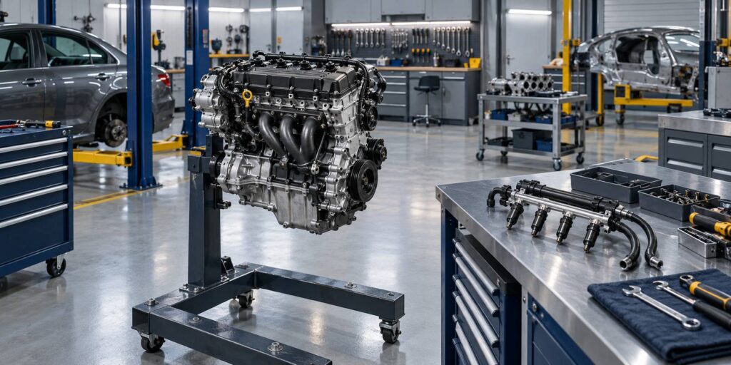 Atelier automobile avec moteur sur support et pieces d'injection alignees
