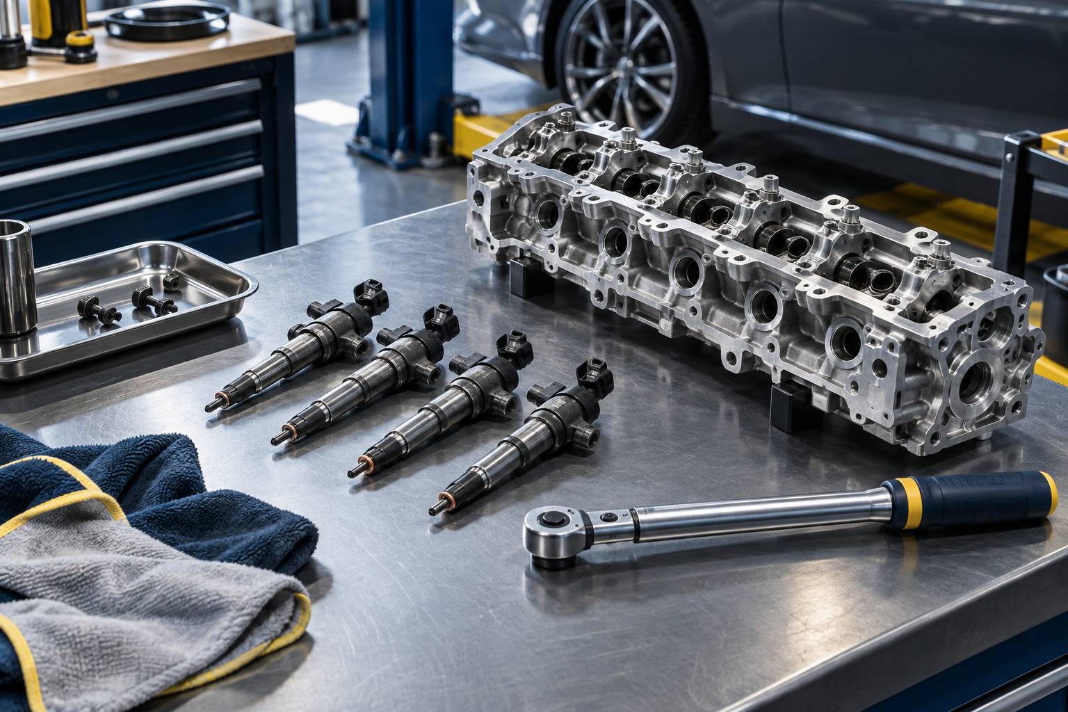 Vue en plongee d'injecteurs et d'une culasse aluminium poses sur un etabli