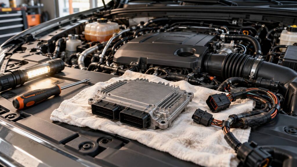 Module électronique générique débranché dans un compartiment moteur propre avec outils