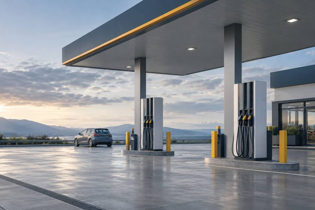 Petite citadine neutre a une pompe de station-service generique