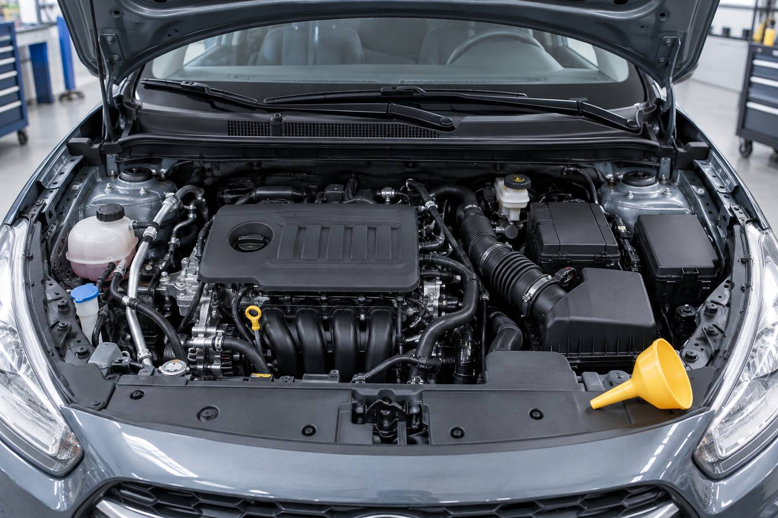 Moteur essence compact generique sous un capot ouvert