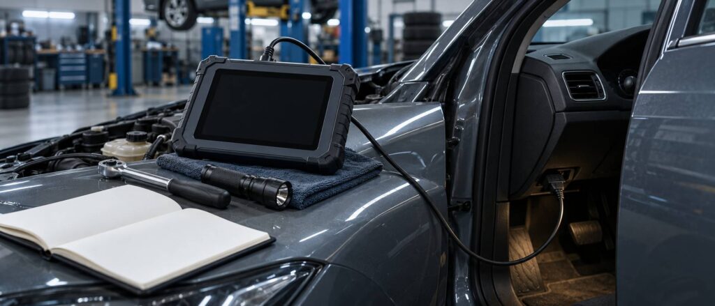 Valise de diagnostic automobile branchée sur une prise OBD dans un atelier