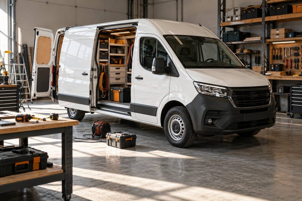 Véhicule utilitaire blanc portes ouvertes dans un atelier avec outils au sol