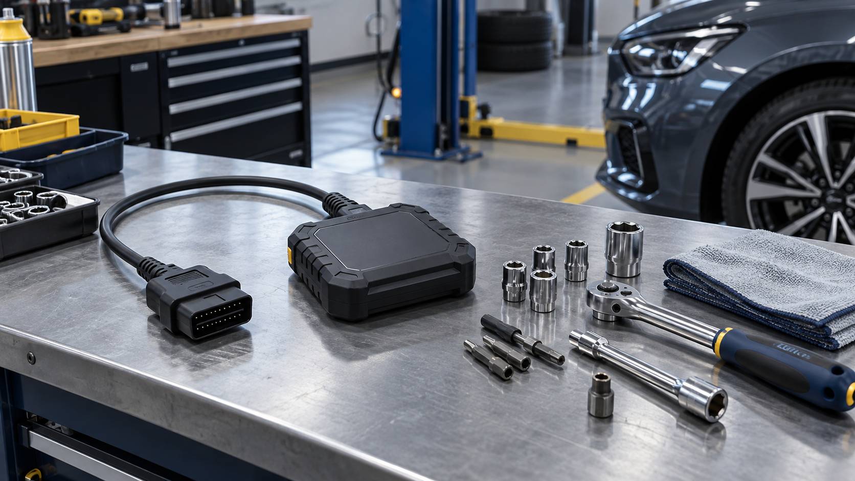 Connecteur de diagnostic et outils poses sur un etabli d'atelier